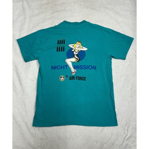 Vtg 90s Air Force Test Pilot Pin Up Girl Teal Single Stitch T-Shirt Size Medium - Picture 8 of 8